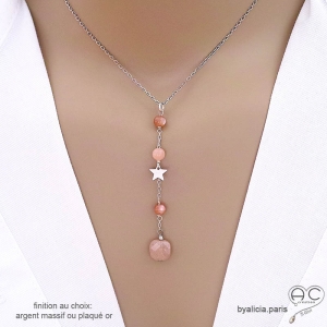 Collier cravate en pierre de soleil et étoile argent, bijou femme pierre naturelle orange abricot fait main en France