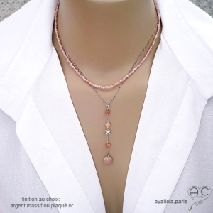 Collier pendentif long en pierre de soleil et étoile argent 925 création by Alicia Paris