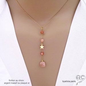 Collier cravate en pierre de soleil et étoile plaqué or, bijou femme pierre naturelle orange abricot fait main en France