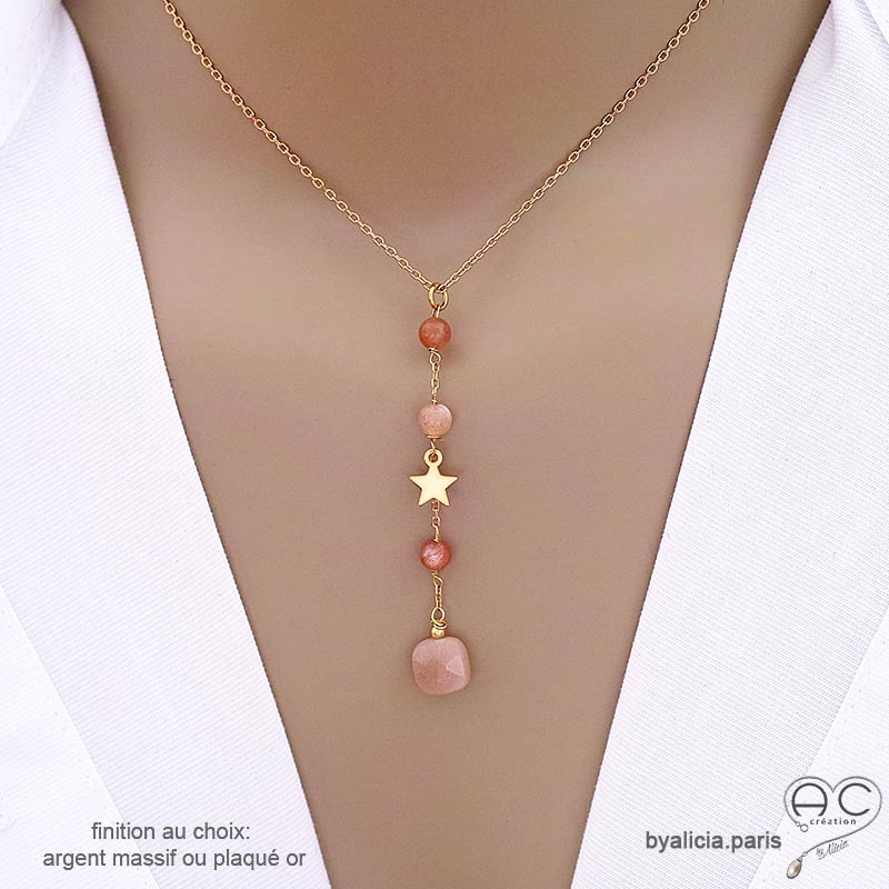 Collier cravate en pierre de soleil et étoile plaqué or, bijou femme pierre naturelle orange abricot fait main en France