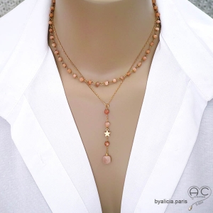 Collier pendentif long en pierre de soleil et étoile plaqué or création by Alicia Paris