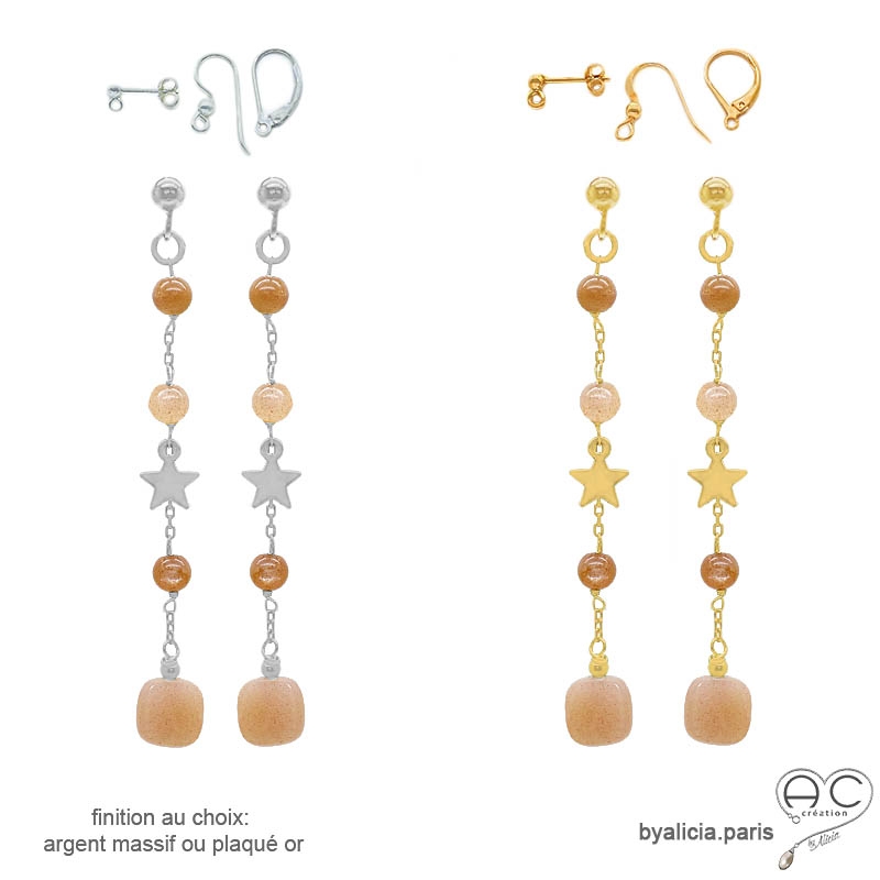 Boucles d'oreilles en pierre de soleil et étoile plaqué or ou argent, fait main, création by Alicia