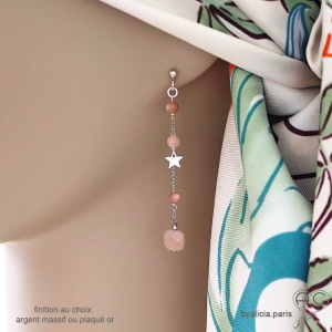 Boucles d'oreilles pierre de soleil et étoile argent, bijoux femme pierre naturelle orange abricot fait main en France