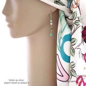 Boucles d'oreilles femme vertes longues en pierre agate verte et étoile argent 925 création by Alicia Paris