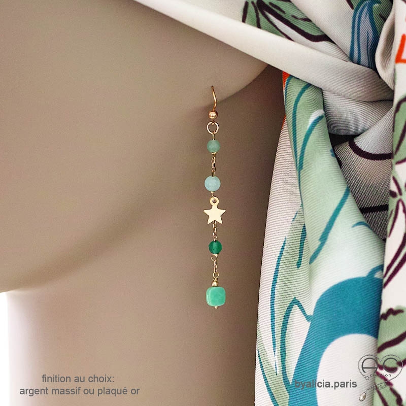 Boucles d'oreilles onyx verte agate verte et étoile plaqué or, bijoux femme pierre naturelle verte fait main en France