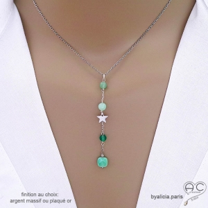 Collier cravate en onyx agate verte et étoile argent, bijou femme pierre naturelle verte fait main en France