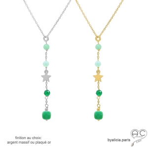 Collier cravate en agate verte et étoile plaqué or ou argent, bijou femme élégant fait main, création by Alicia