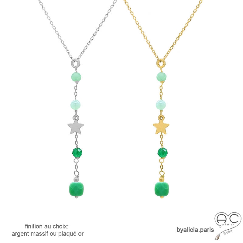Collier cravate en agate verte et étoile plaqué or ou argent, bijou femme élégant fait main, création by Alicia