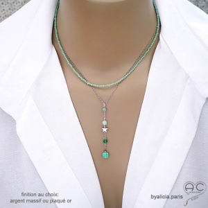 Collier pendentif long vert en agate onyx verte et étoile argent 925 création by Alicia Paris