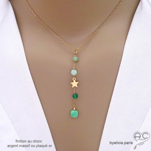 Collier cravate en onyx agate verte et étoile plaqué or, bijou femme pierre naturelle verte fait main en France