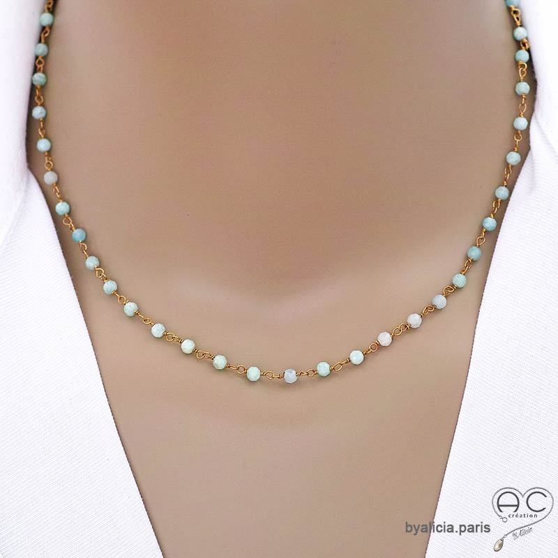 Collier amazonite et argent doré, ras de cou pierre naturelle, création by Alicia