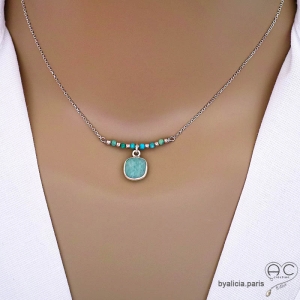 collier en amazonite et turquoise, argent 925, ras de cou femme en pierre naturelle, fait main en France