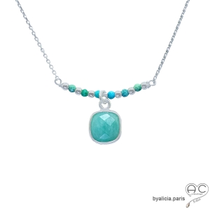 Collier amazonite entouré des petites turquoises sur une chaîne en argent, ras de cou, fait main, création by Alicia