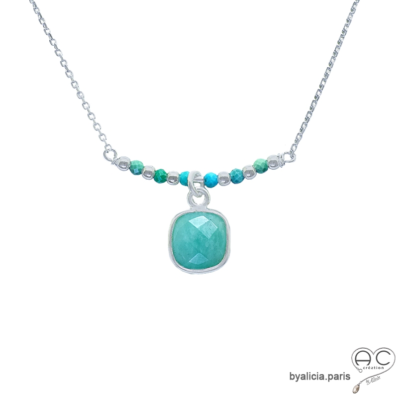 Collier amazonite entouré des petites turquoises sur une chaîne en argent, ras de cou, fait main, création by Alicia