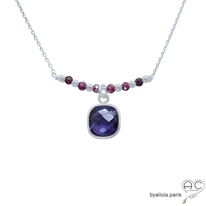 Collier améthyste entouré des petites grenats sur une chaîne en argent, ras de cou, fait main, création by Alicia