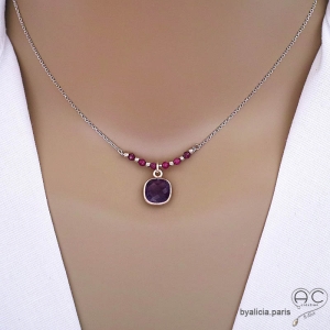 collier artisanal en améthyste facettée et perles rhodolite sur chaine argent 925 rhodié