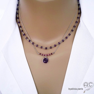 collier avec la pierre centrale en améthyste taillée, montée sur argent massif réalisé sur mesure à la main
