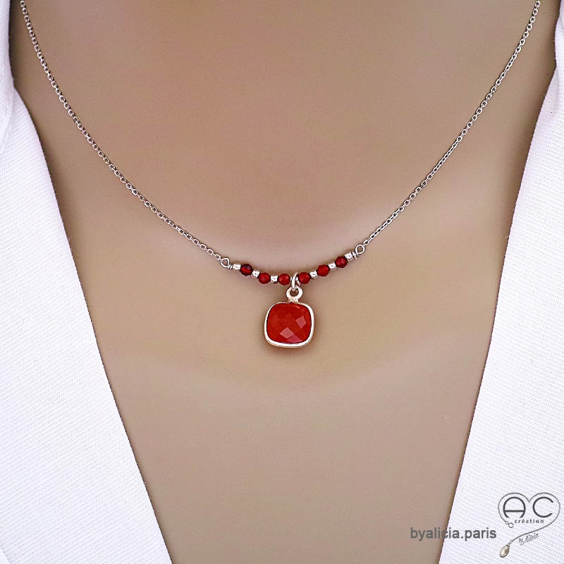 Collier cornaline entouré des petites cornalines orange sur une chaîne en argent, ras de cou, fait main, création by Alicia