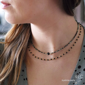 Collier rubis zoîsite et spinelle noire, pierre semi-précieuse, ras de cou fin, tendance, fait main en France