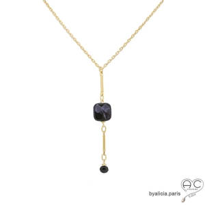 Collier avec un long pendant en pierre naturelle hypersthène et plaqué or, fait main, création by Alicia