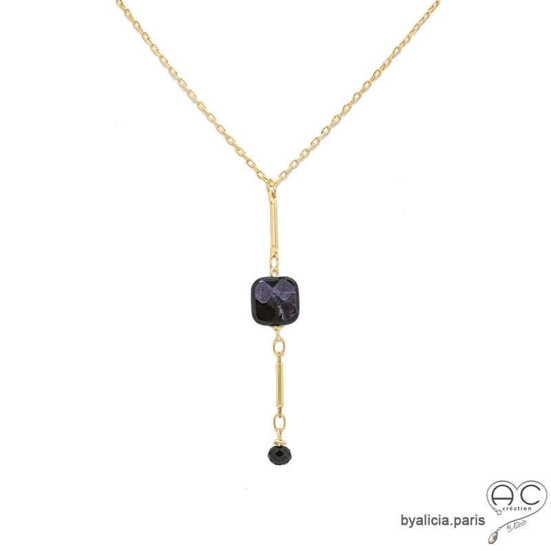 Collier avec un long pendant en pierre naturelle hypersthène et plaqué or, fait main, création by Alicia