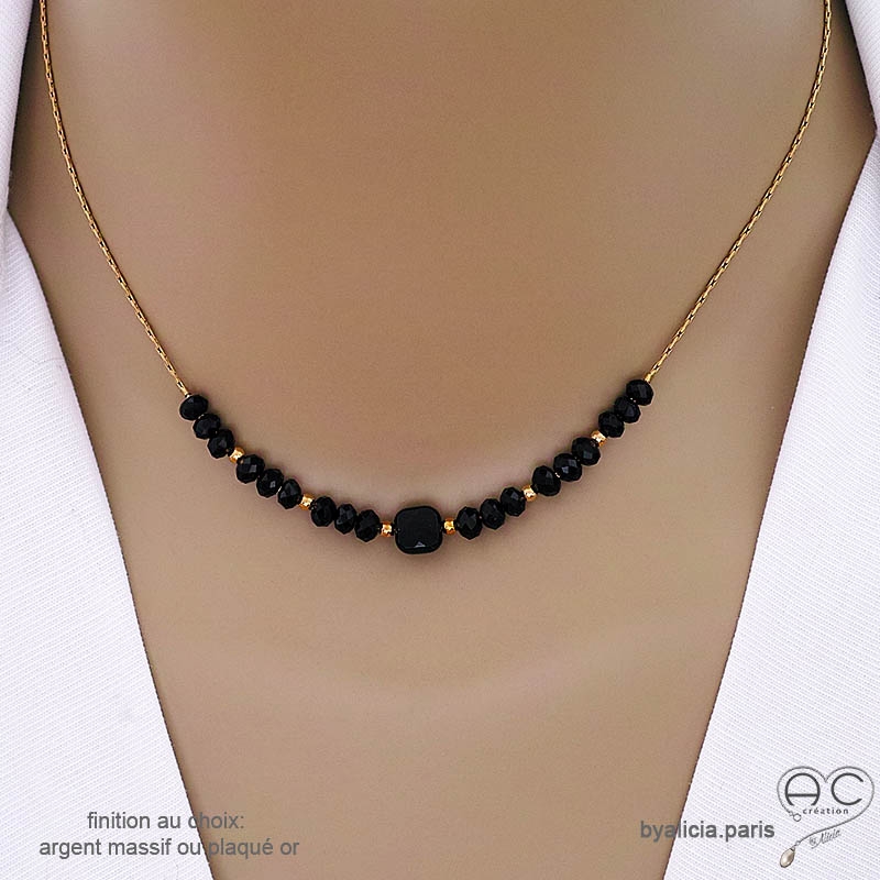 collir ras de cou noir pierre naturelle onyx et spinelle noire chaîne plaqué or fait main en France