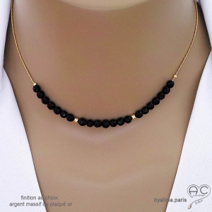 collier noir femme pierre naturelle onyx noire sur une chaîne en plaqué or ou argent, fait main sur mesure