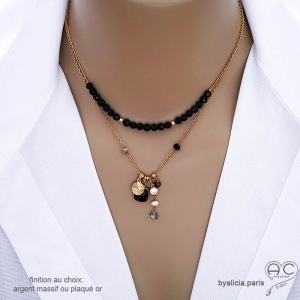 collier ras de cou femme en pierre semi-précieuse agate noire fabriqué à la main sur mesure en France