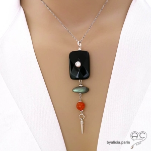 Pendentif onyx, labradorite et cornaline, bijou argent avec zircon et pointe, fait main, création by Alicia