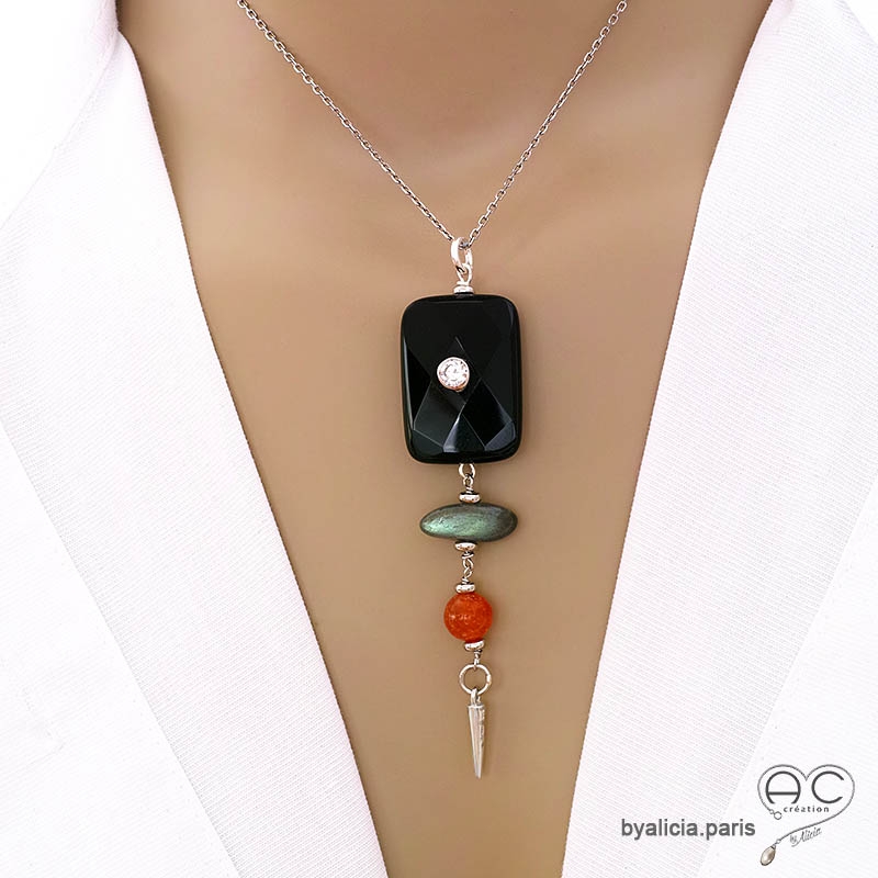 Pendentif onyx, labradorite et cornaline, bijou argent avec zircon et pointe, fait main, création by Alicia