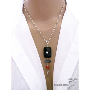 pendentif long avec pointe en argent 925 pierres naturelles agate noire labradorite cornaline