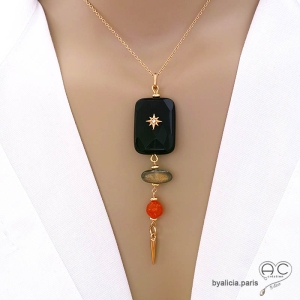 Pendentif en onyx facetté avec étoile zircon, labradorite, cornaline et pointe plaqué or fait main en France