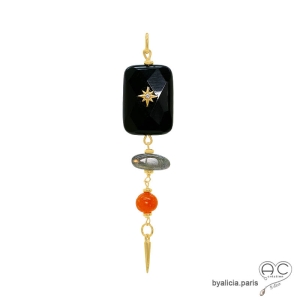 Pendentif onyx noire, labradorite et cornaline, bijou plaqué or avec étoile zircon et pointe, fait main, création by Alicia
