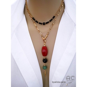 pendentif long avec pointe en plaqué or pierres naturelles cornaline orange agate noire aventurine verte