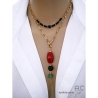 pendentif long avec pointe en plaqué or pierres naturelles cornaline orange agate noire aventurine verte