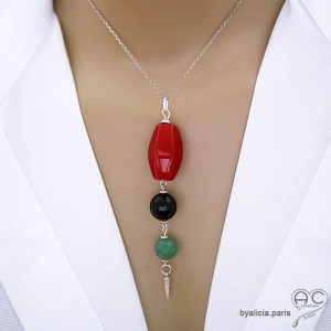 Pendentif artisanal en cornaline, onyx facetté, aventurine et une pointe argent sur chaîne argent massif rhodié