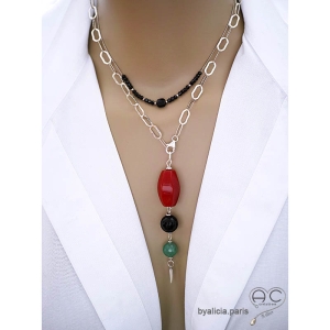 pendentif long avec pointe en argent 925 pierres naturelles cornaline orange agate noire aventurine verte