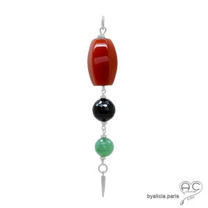 Pendentif cornaline, onyx noire, aventurine et une pointe, bijou argent massif fait main, création by Alicia