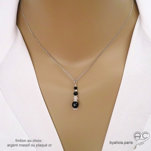 ras de cou femme chaîne argent avec pendentif en pierre naturelle noire hypersthène fait main