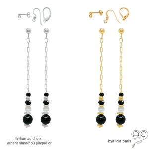 boucles d'oreilles noires longues plaqué or ou argent pierres naturelles fait sur mesure à la main