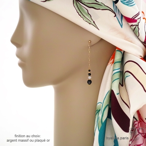 boucles d'oreilles femme longues en argent ou plaqué or avec pierre naturelle noire fait main en France