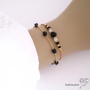 bracelet femme chaîne plaqué or pierre semi-precieuse hypersthène spinelle fabriqué à la main en France