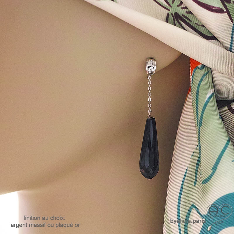 Boucles d'oreilles onyx noire et argent massif, longues, pendantes, fait main, création by Alicia
