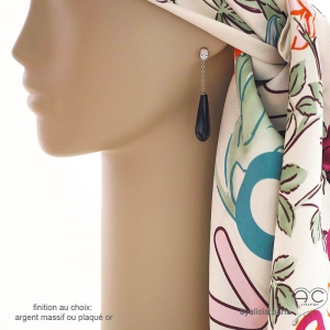 grandes, longues boucles d'oreilles femme en agate noire et argent 925 artisanales