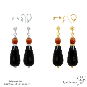 Boucles d'oreilles onyx noire et cornaline, plaqué or ou argent, fait main création by Alicia