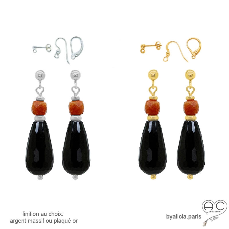 Boucles d'oreilles onyx noire et cornaline, plaqué or ou argent, fait main création by Alicia