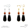 Boucles d'oreilles onyx noire et cornaline, plaqué or ou argent, fait main création by Alicia