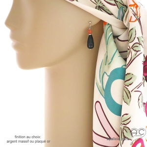 boucles d'oreilles argent onyx noire cornaline, pendantes noir et orange fait main en France