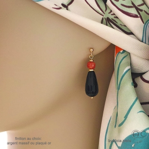 boucles d'oreilles pierres naturelles onyx et cornaline, plaqué or, artisanales créateur français