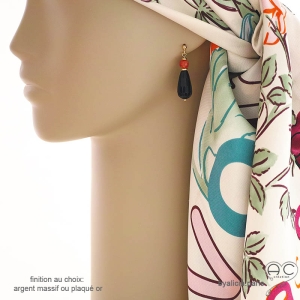 boucles d'oreilles plaqué or onyx noire cornaline, pendantes noir et orange fait main en France